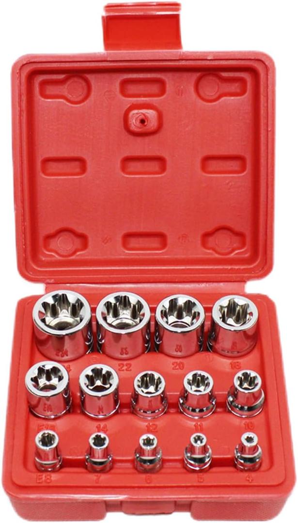 14Pcs E-Torx Star Socket Set with Case, 1/4, 3/8, 1/2 in. Drive Female External Star Socket Set E4-E24 Torque Socket Set