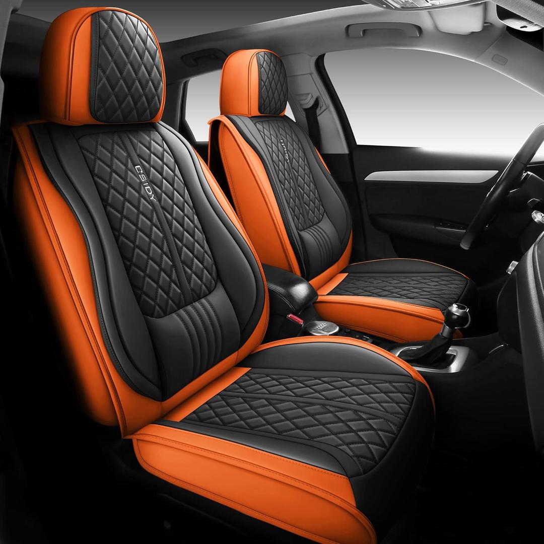 Csidy01 Leather car seat Covers Full Set, 5-Seater car seat Covers Universal Type Comfortable Smooth and Easy to Scrub, Suitable for Most Cars SUV Pickup Trucks (Black and Orange)