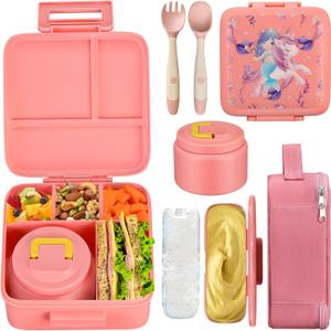 JXXM Bento Lunch Box for Kids With 8oz Soup Thermo,Leak-proof Lunch Containers with 5 Compartment,Thermo Food Jar and Lunch Bag, Food Containers for School (A-PinkUnicorn - Mermaid)