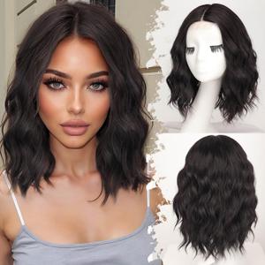 Dark Brown Short Wavy Wig for Women Lace Hairline Bob Style Synthetic Heat Resistant - Natural Appearance for Everyday Hairstyle 14 Inch