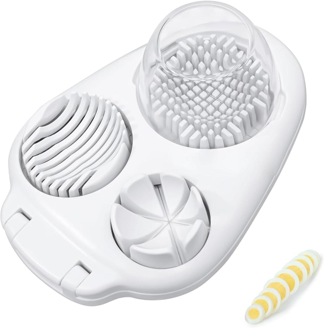 3-in-1 Egg Slicer for Hard Boiled Eggs- 3 Ways to Cut Eggs, Heavy Duty, Stainless Steel Dicer for Strawberry, Salads, Sandwiches Garnishes (White)