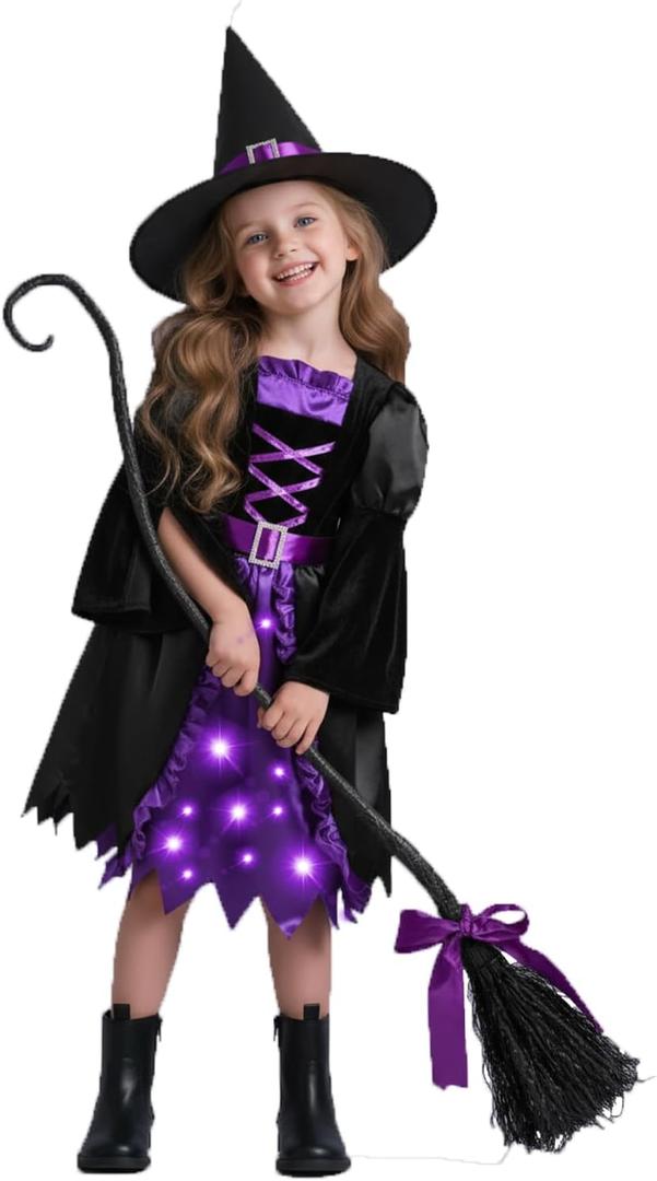 Witch Costume for Girls, Light-Up Purple Dress with Hat & Broom Accessories for Halloween Parties & Role Play (Small(5-7yr))