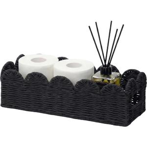 Black Scalloped Toilet Tank Basket, Handwoven Paper Rope Toilet Paper Holder Basket with Built-In Handles, Narrow Back of Toilet Storage Tray for Bathroom Counter, Tissues & Toiletries Organizer