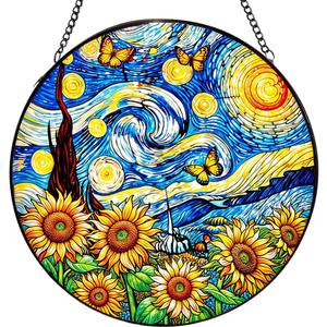 Sunflower Butterfly Suncatcher,Stained Glass Window Hanging,Starry Night Style Sun Catcher for Windows,Crystal Suncatcher Indoor Home Decor,Gifts for Women,Mom,7.87 in,Christmas Mother's Day