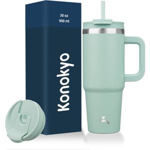 30 Oz Tumbler With Handle And 2 Straws,2 In 1 Lid Insulated Water Bottle Stainless Steel Travel Coffee Mug, Retro Green