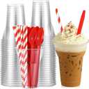 Baderke 25 Sets Plastic Parfait Cups with Red Plastic Soda Spoons and Paper Straws Disposable Root Beer Float Cups Clear Milkshake Mugs for Ice Cream Sundae Yogurt Party Drinks (12oz)