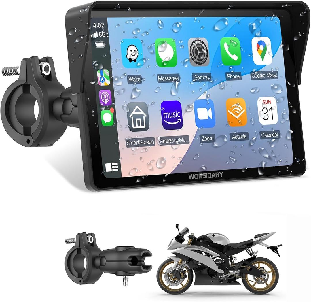 W722 for Motorcycle CarPlay & Android Auto,7" Waterproof Smart GPS Navigation System Screen, Car Play Moto with Light Sensor, Dual Bluetooth, Siri/G-Assist, EQ,USB/Hardwired Power Supply