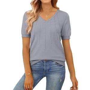 SHEWIN Women's Summer Short Sleeve Sweaters Crewneck Pleated Knit Tops Business Casual Work Shirts Blouses.XL