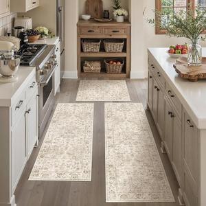 Hallway Washable Runner Rug - 2'6x12 Kitchen Rugs Entryway Rug Runner Vintage Soft Floor Mat Non Slip Indoor Farmhouse Carpet for Bathroom Living Room Bedroom (2'6''x12', Beige) 3Pcs, size 1 - 24"/35" ,2- 24"/60" , 3-24"/49", 4- 24"/70"