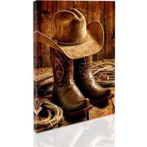 SWQYLB Western Cowboy Canvas Wall Art Vintage Hat And Boots Pictures West Rodeo Painting Prints Men's Cave Bedroom Office Farmhouse Decor Framed (16.00" x 24.00")