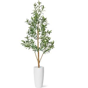 Timoo Faux Olive Tree 6Ft, Indoor Artificial Trees with Natural Wood Trunk and White Planter, Tall Fake Plants for Living Room, Bedroom and Office