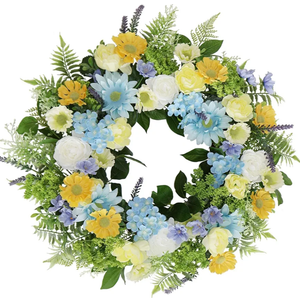 BINFEN Faux Silk Flower Spring Summer Easter Wreath 24-26" for Front Door – White Ranunculus Yellow Daisy Blue Hydrangea Green Eucalyptus Leaves – Farmhouse Front Porch Wreath, Outdoor Indoor Use