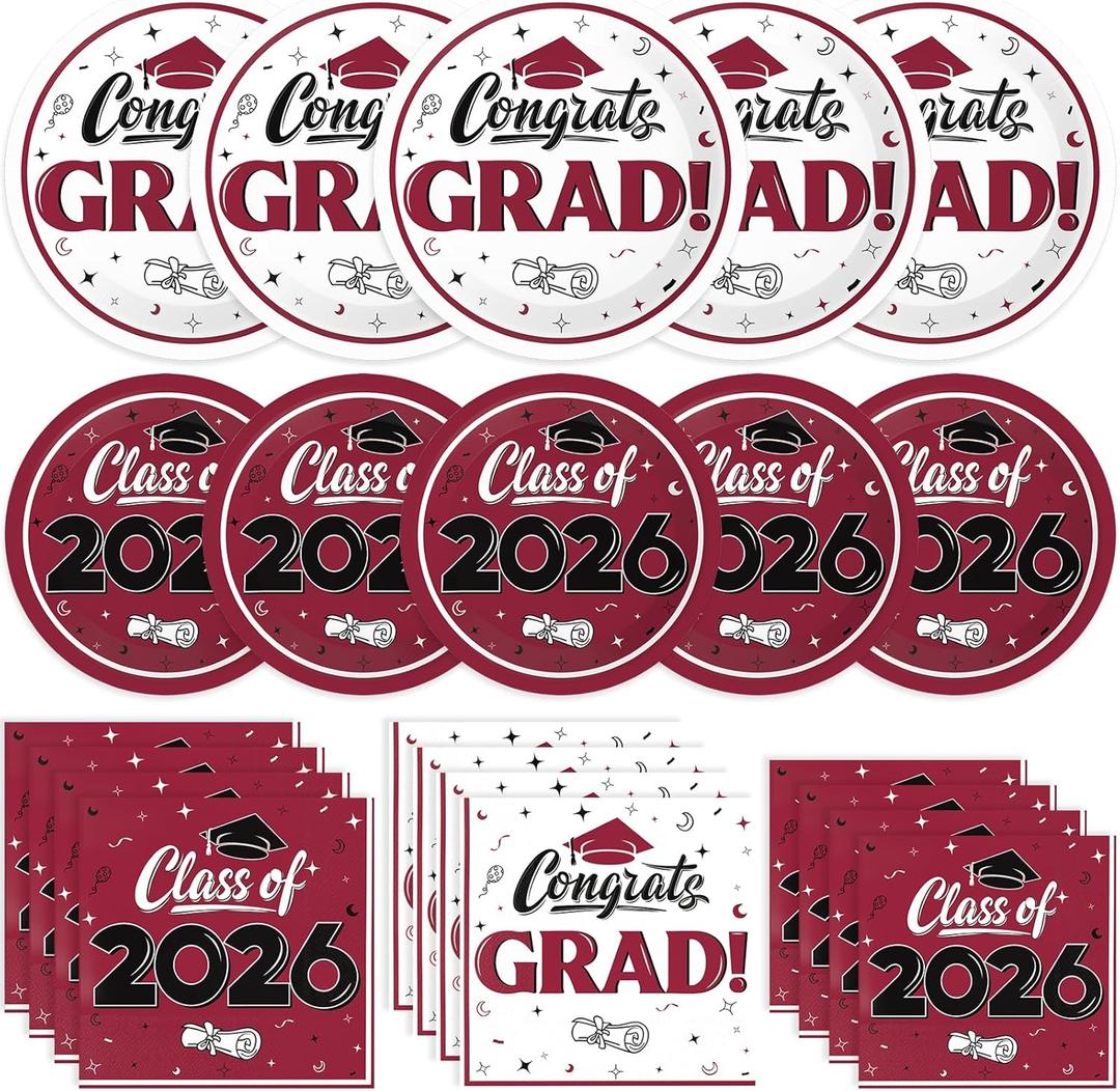 Graduation Decorations 2026, 200 Pcs Class of 2026 Graduation Party Supplies Kit with Paper Plates, Luncheon and Cocktail Napkins, Congrats Grad Decorations for 50 Guests (Maroon)