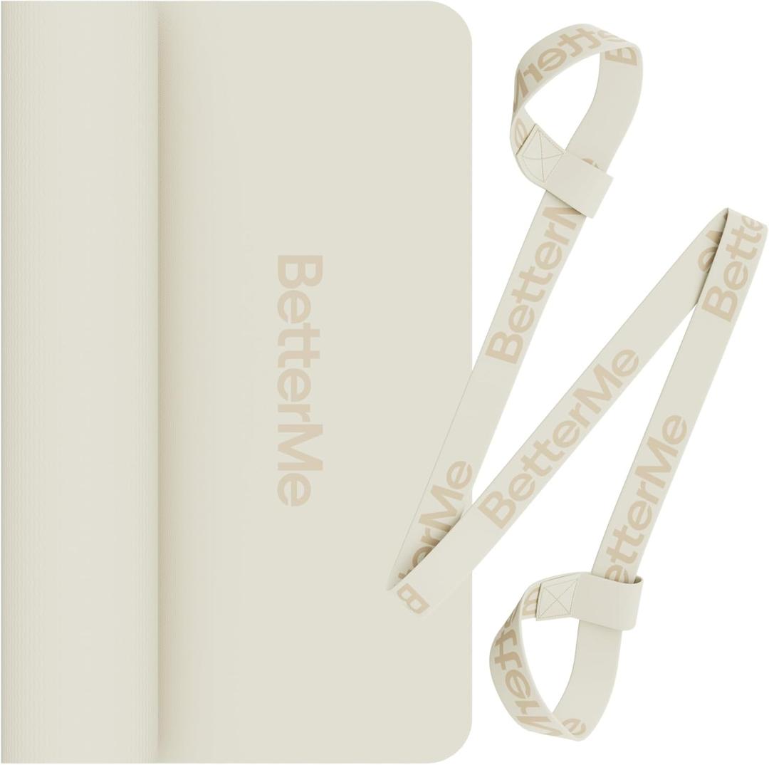 BetterMe Yoga Mat - Non-Slip Exercise Mat for Women - Cushioned Pilates Mat for Home Workouts, Stretching & Hot Yoga - Portable Fitness Mat with Strap (Ivory)