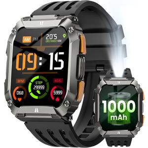 Smart Watches for Men, Military Smart Watch with 100 Days Battery/LED Flashlight, 1.95'' Fitness Watch with Heart Rate/ Sleep Monitor/100+ Sports Mode, 5 ATM Rugged Smartwatch for Android and iPhone (Black)