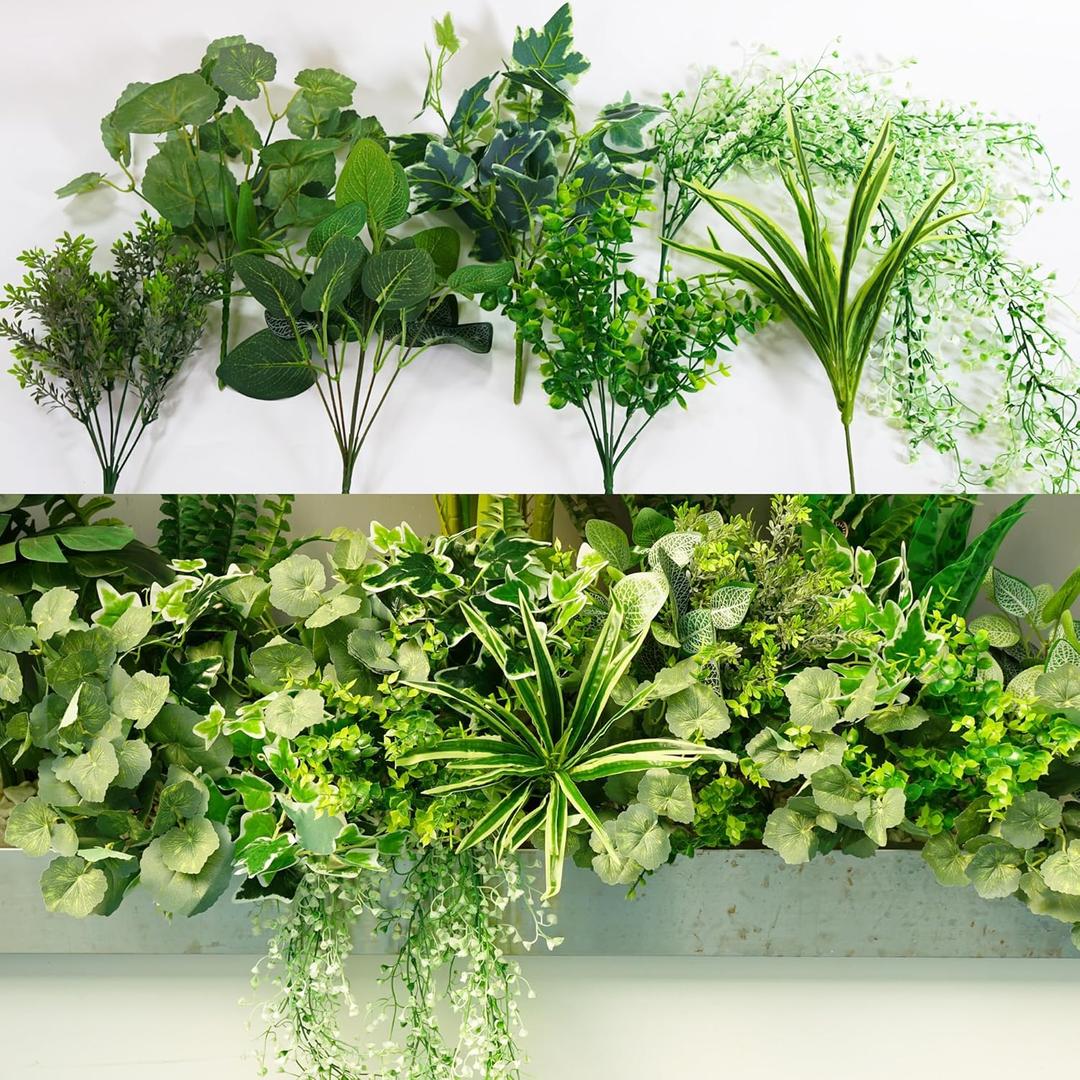 19 Pcs Artificial Boxwood UV Resistant Plants Outdoor Faux Greenery Stems for Indoor Sunroom Outside Hanging Plants Garden Porch Window Box Backyard Farmhouse Dcor