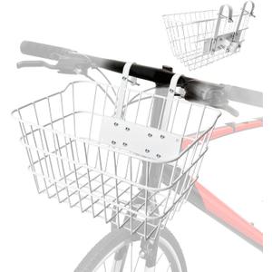 Bike Basket Front | Stainless Steel Front Basket for E-Bike & Electric Scooter-with Fixed Holder and Two Hooks | Easy Handlebar/Head Tube Installation | Bike Basket for Commuting & Shopping (White)