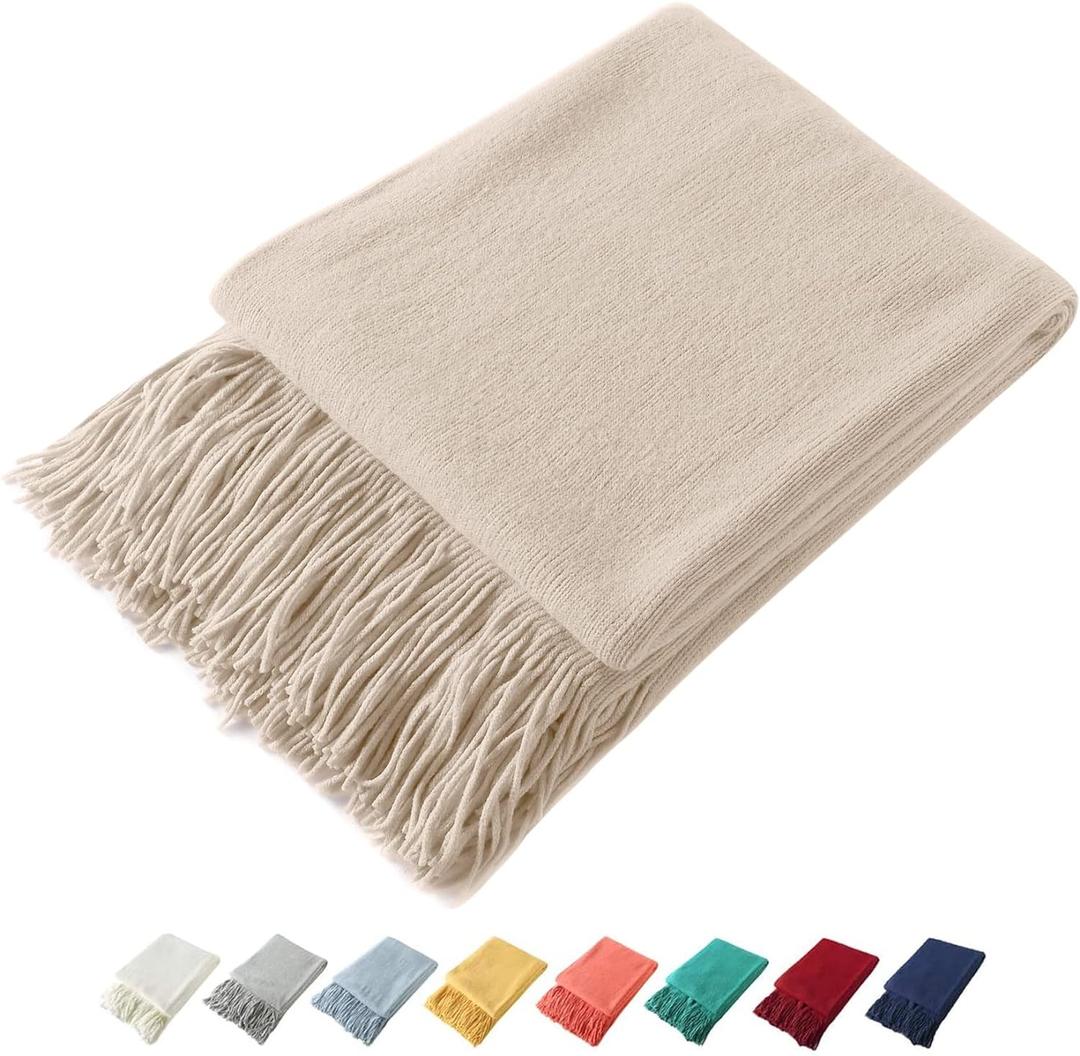Homiest Decorative Knitted Throw Blanket with Fringe, Lightweight Acrylic Knit, Soft & Cozy Tassel Blanket for Couch, Sofa, Bed (Beige, 50 x 60 Inch)