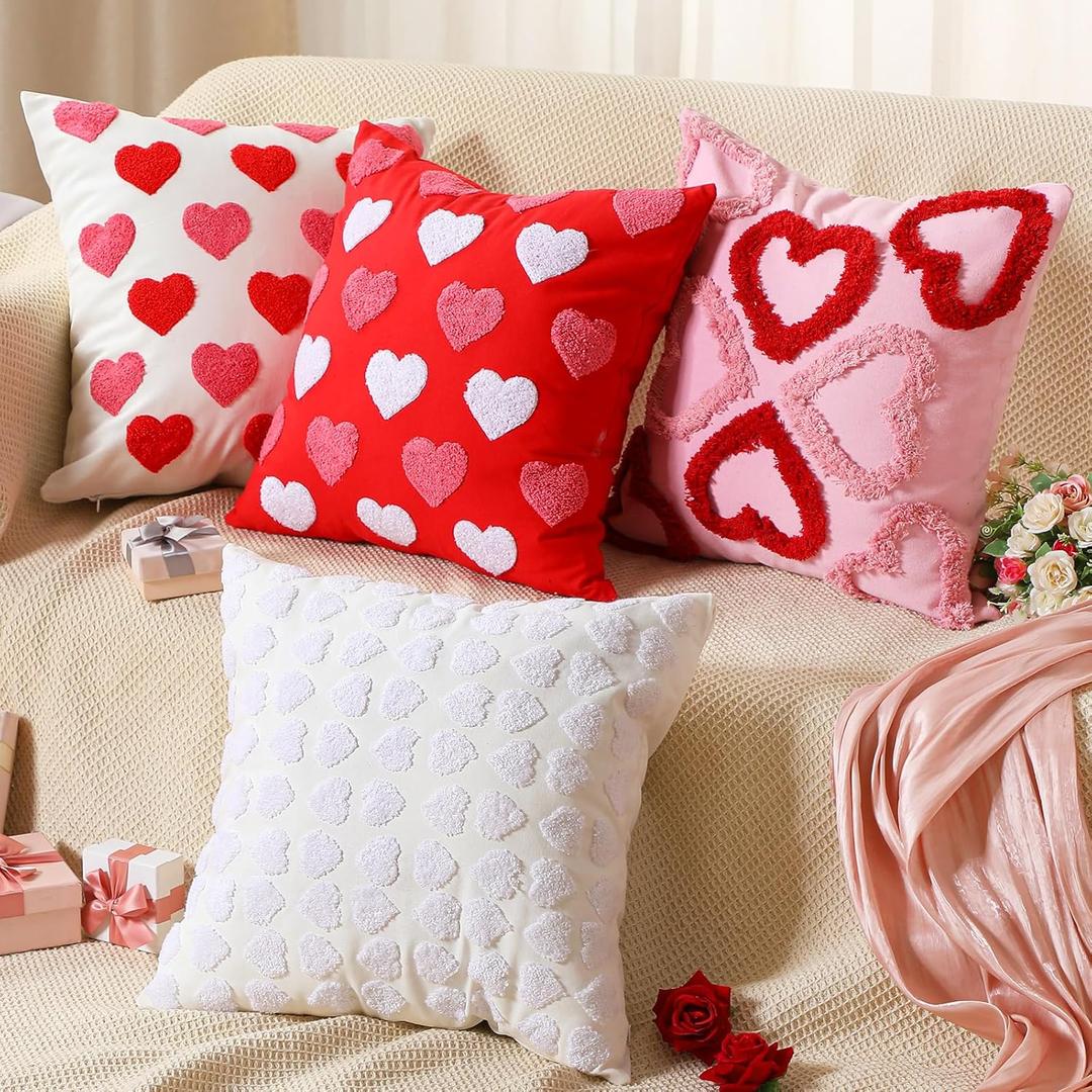 4 Pcs Valentines Day Throw Pillow Covers 18x18 Inch Red Pink Heart Pillow Cases Soft Heart Shape Embroidery Cushion Covers for Valentines Day Couch Sofa Bedroom Living Room Home Decor