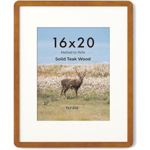 FLYJOE 16 x 20 Picture Frame - Solid Teak Wood 16x20 Poster Frame, 16''x20'' Picture Frame With Mat For 11x14, Tempered Glass and Hanging Hardware Included, 20 x 16 Wall Art Wood, Natural Teak