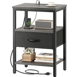 SUPERJARE Nightstand with Charging Station, Bed Side Table with Adjustable Fabric Drawer, Night Stand for Bedroom, 3-Tier Storage End Table, for Living Room, Charcoal Gray (M (11.8"D x 15.7"W x 23.4"H))