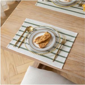 Boho Farmhouse Placemats Set of 6, Green Beige Stripes Cotton Linen Woven Table Mats for Modern Dining Table, 13x19 Inch Rustic Kitchen Decor Place Mats