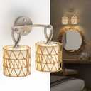 N12-3 Two-Lights Boho Rattan Wall Sconce - Vanity Lights Fixtures for Mirror, Cross-Woven Shade & Hardwired Wall Lamp with Woodgrain Metal Frame, E26 Bulb Base