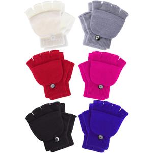 Boao 6 Pairs Kids Winter Convertible Fingerless Gloves Knitted Mitten Warm Gloves with Cover for Kids and Teens (4-11 Years)