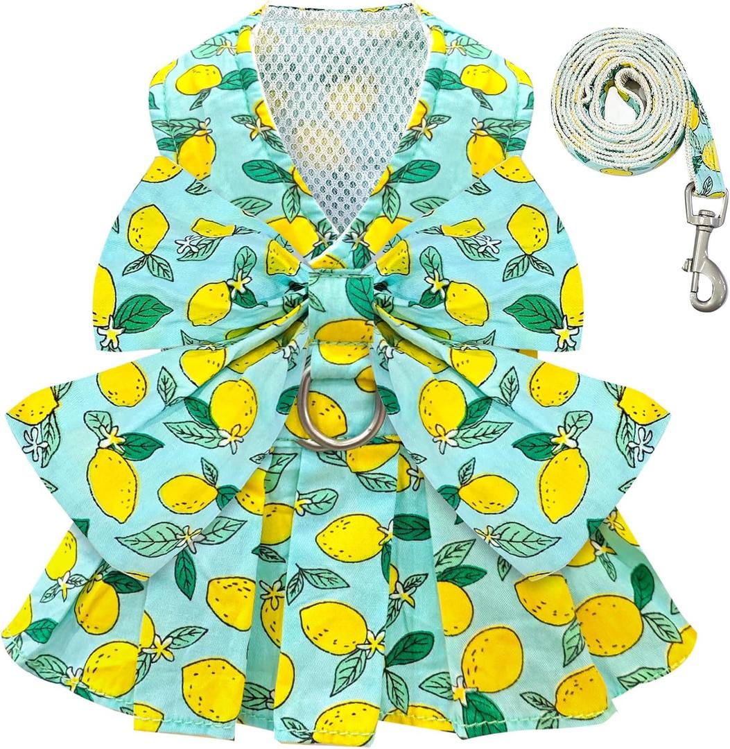 BAEJMJK Dog Dress Bowknot Harness Leash Set for Small Dogs Cats Girl Floral Princess Dog Dresses Cute Puppy Fruit Clothes Pet Doggy Outfits Spring Summer Breathable Dresses (Green,Medium)