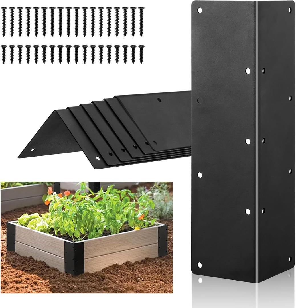6 Packs Raised Beds Corner Brackets 11 in Metal L Brackets for with Screws Black Angle Corner Bracket Connectors 11" x 3" x 3" for Wood Flower Box Angle Brace Black