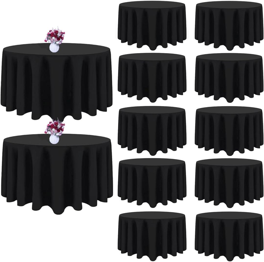 12 Packs 108 Inch Black Round Tablecloth in Diameter, Washable Polyester Fabric Tablecloths, Wrinkle Resistant Table Cloth for Wedding Party Banquet Dining