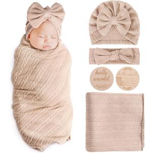 AQOKKA Newborn Receiving Blanket with Bow Hat Headband Wooden Card Set Wheat-Pattern Newborns Toddler Baby Boy Girl Nursery Swaddle Wrap