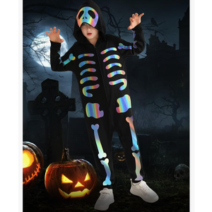 ESHOO Black Halloween Skeleton Costume Kids Girls Boys Hooded Jumpsuit Onesie Halloween Cosplay Outfits, Size L