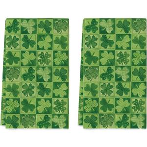 Artoid Mode Light Green Checkered Clover Shamrock St.Patrick's Day Kitchen Dish Towels, 18x26 Inch Farmhouse Holiday Spring Decoration Cleaning Set of 2