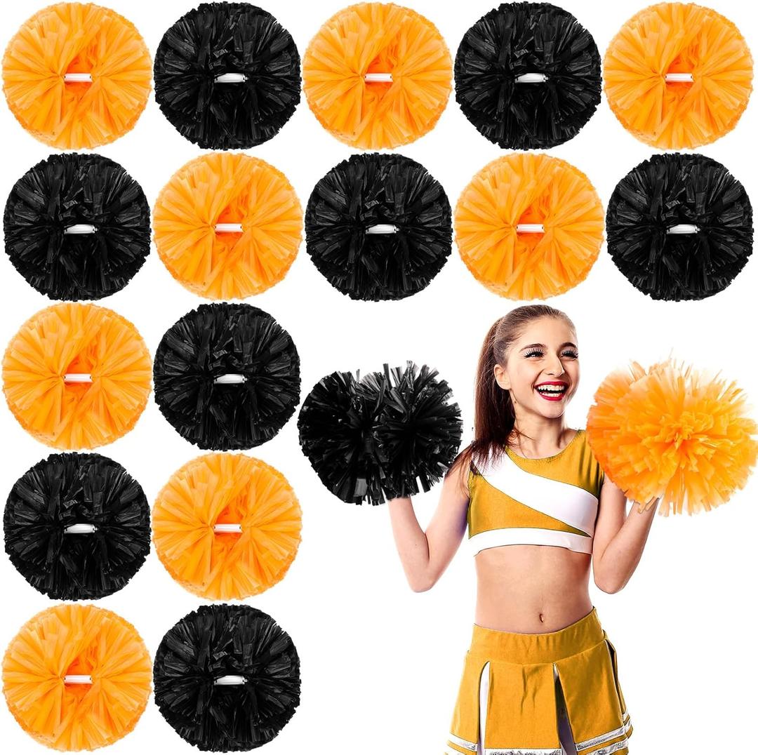 Yunsailing 50 Pack Cheerleading Pom Poms with Handle Bulk Metallic Foil Plastic Pom Poms for Dance, Matches, Squad Spirit Sports, Stage Performance, Carnival Celebration (Matte Black & Orange)