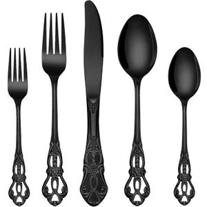 EUIRIO 40 Pieces Black Silverware Set, Royal Retro Flatware Set for 8, Stainless Steel Cutlery Set with Luxury Forks Spoons and Knives, Utensils Set Mirror Polished, Dishwasher Safe