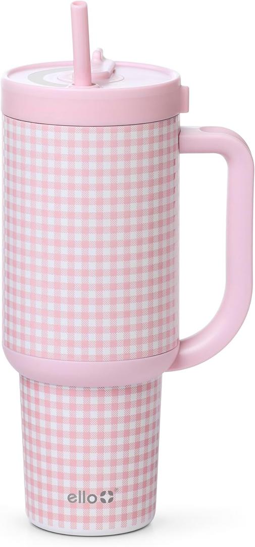 Ello Oasis 30 oz Tumbler with Handle & Retracting Straw | Reusable Insulated Stainless Steel Cup 100% Leakproof, Gifts for Teens Women Men | Keeps cold for 24 Hours, Cup Holder Friendly, Pink Gingham