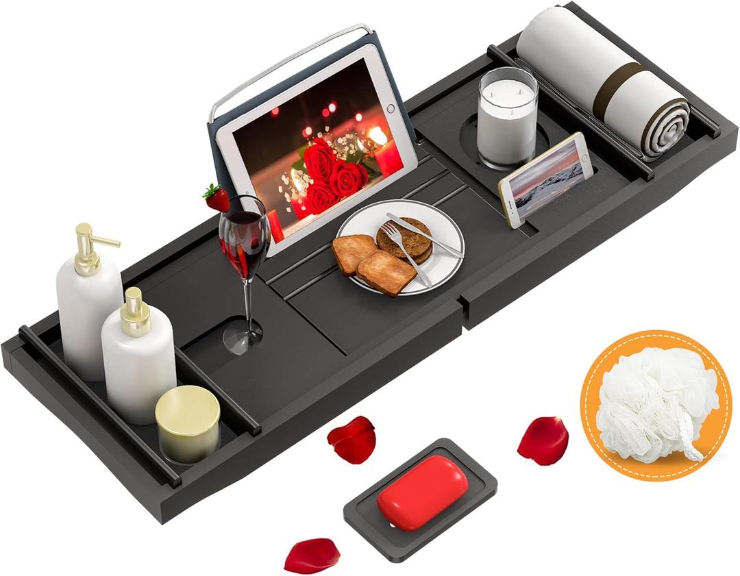 Domax Bathtub Caddy Tray Expandable Bamboo Tub Tray for Luxury Bath with Book Holder and Free Soap Dish Black