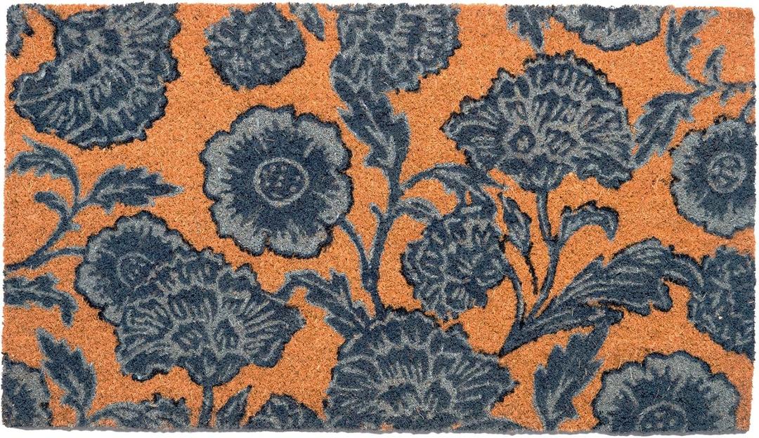 Eco Living Coir Door Mat, Floral Print Entryway Floor Mats with Non-Slip PVC Backing, Indoor Outdoor Mat for Front Door Decor, Door Mat, Welcome Mats with Chelsea Flower Print, Blue, 30”x 17”