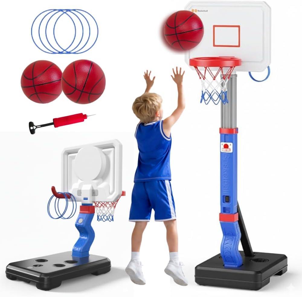 2-in-1 Toddler Basketball Hoop with Ring Toss Game, Adjustable 2.55.5 Ft Indoor & Outdoor Kids Basketball Set with Mini Balls, Rings, Pump & Stable Base | Sports Toy for Boys & Girls Ages 13+