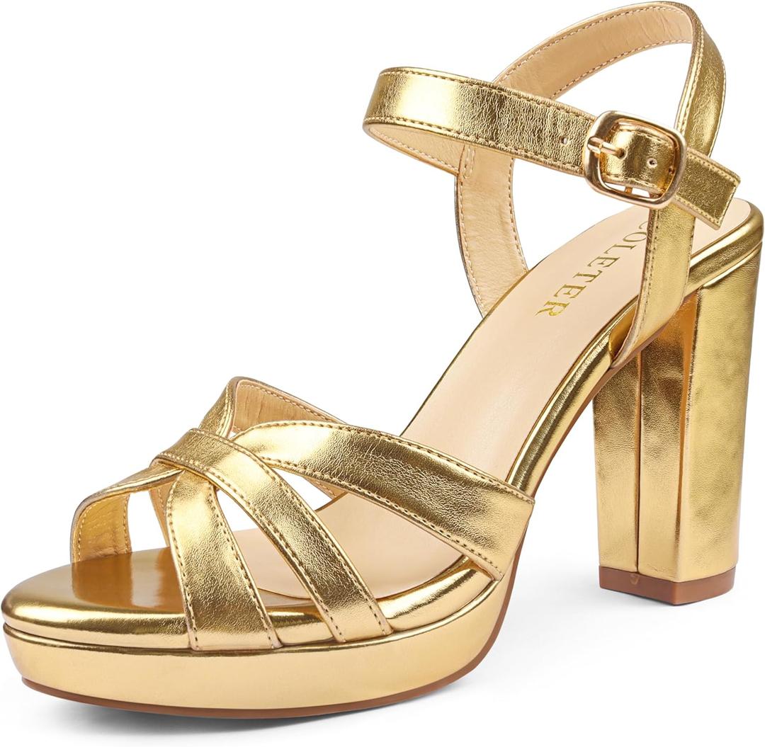 COLETER Women's Platform Chunky Heels Ankle Strap Block Heeled Sandals Party Wedding Shoes (7, Gold)