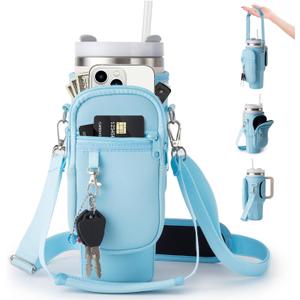 linmaya Water Bottle Carrier Bag with Phone Pocket for Stanley Cup 40/30oz,Insulated Neoprene Water Bottle Holder Cross-boday Bag with Adjustable Shoulder & Handheld Strap Stanley Cup Accessories (Azure)