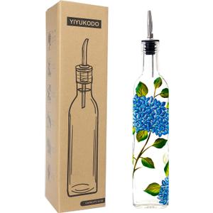 17oz Hand Painted Glass Olive Oil Bottle Dispenser - 500ml Green Oil & Vinegar Cruet with Pourers - Olive Oil Carafe Decanter for Kitchen (hydrangea)