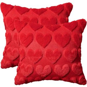 AVOIN colorlife Valentine's Day Love Heart Red Throw Pillow Covers Set of 2, 18 x 18 Inch Anniversary Wedding Home Decor Soft Plush Faux Fur Jacquard Cushion Case for Sofa Couch