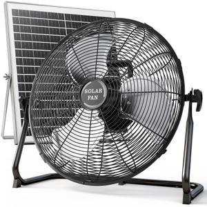 15'' Solar Powered Fan with Solar Panel, Portable Solar Operated Outdoor Floor Fan for Camping, Home, Patio, Worksite - Stepless Speed, Metal Construction and Aluminum Blades