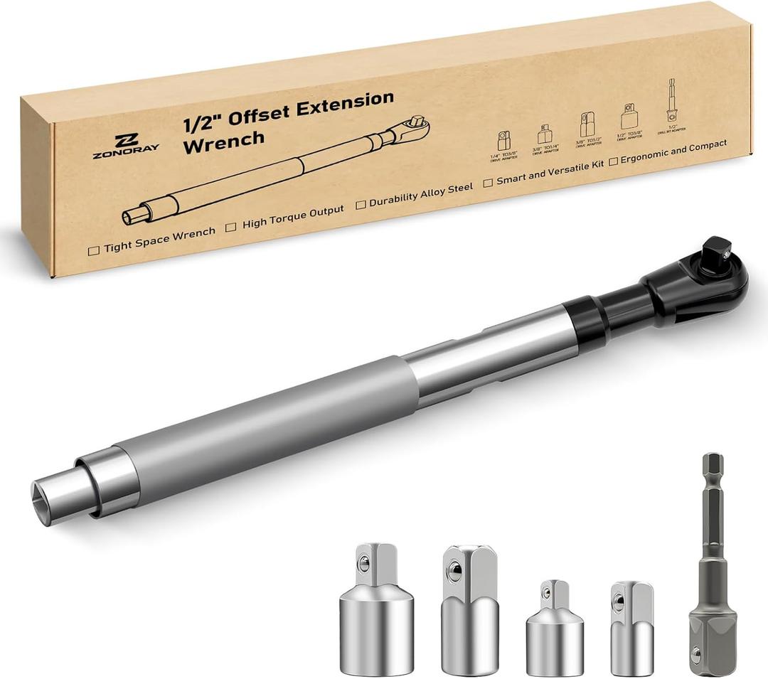 1/2" Offset Extension Wrench Impact Set for Electric with 3/8" & 1/4" Socket Adapter, Offset Torque Ratchet Wrench Ratchet Extender Set for Tight Spaces