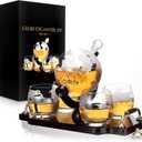 Whiskey Decanter Set for Men - 28oz Globe Decanter with Antique Ship and 4 Etched Glasses - Mahogany Tray with Golden Handles, Glass Stopper and Funnel - Liquor Decanter Gift Set for Whisky Lovers