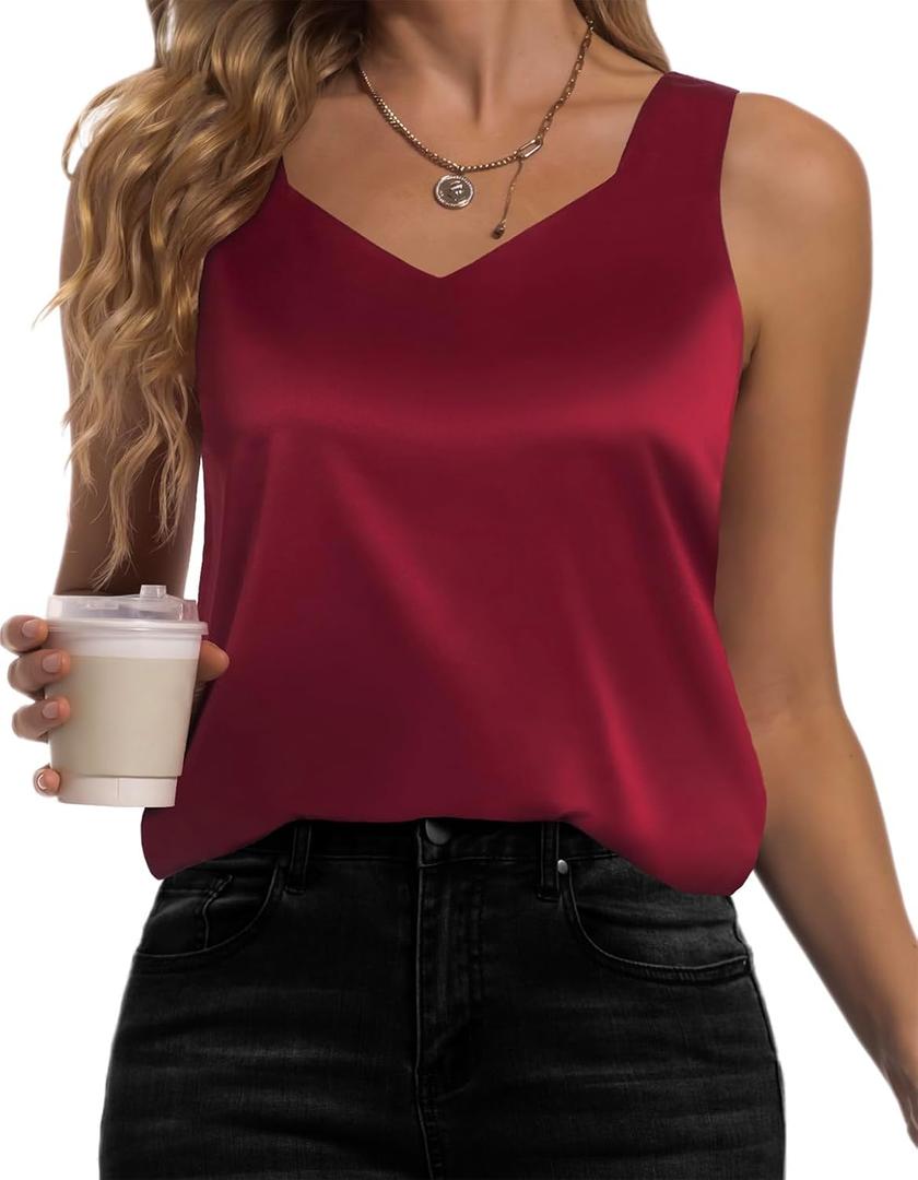 Women's Silk Satin Tank Tops V Neck Camisole Casual Cami Sleeveless Shirt Blouses Silky Basic Tanks, M