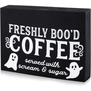 Freshly Booed Coffee Sign, Halloween Coffee Bar Decor Ghost Wooden Decorative Gothic Coffee Sign for Halloween Party Home Kitchen Table Shelf