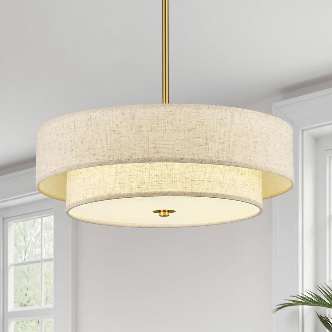 VONLUCE Modern Chandeliers, 18" Drum Chandeliers with 2-Layer Fabric Shade, 4-Light Pendant Light Fixture with E26 Bases, Light Fixture for Dining Room Bedroom Living Room, Linen Shade & Brass Finish